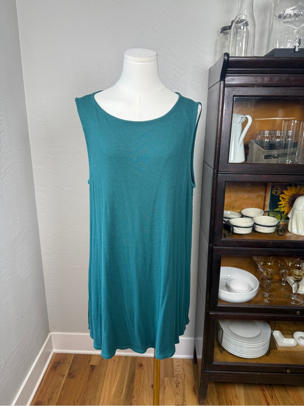 Eileen Fisher Rib Knit Swing Tunic Tank Teal Organic Cotton Blend Size XL